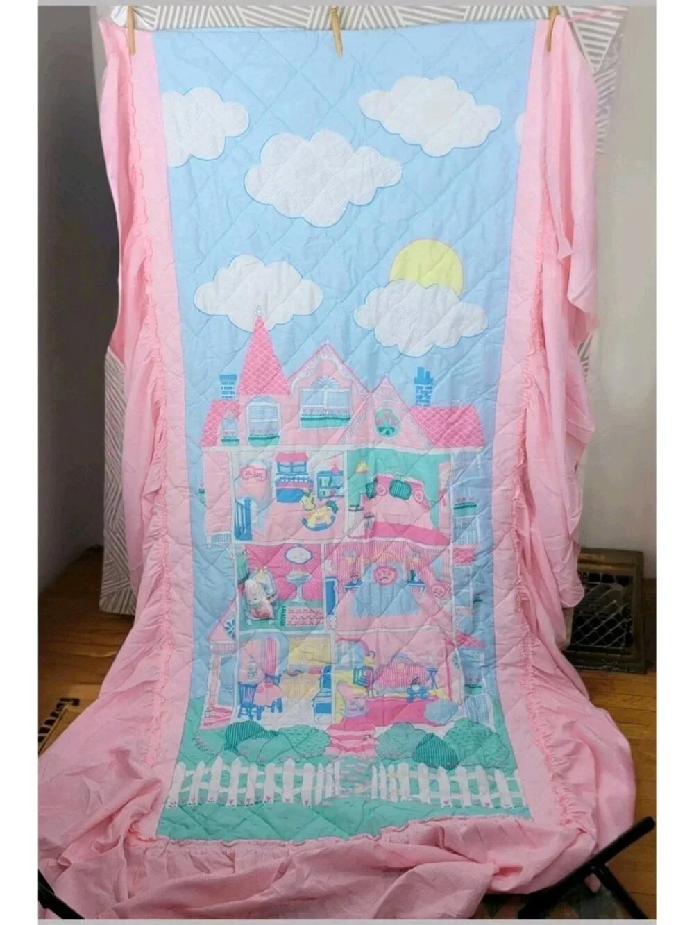 Vintage Bedkins Girls Ruffle Twin Comforter Coverlet Pink Plush Bunny Dollhouse